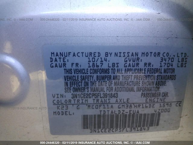3N1CE2CP5FL391843 - 2015 NISSAN VERSA NOTE S/S PLUS/SV/SL/SR SILVER photo 9
