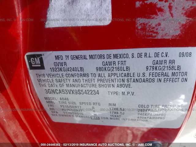 3GNCA53VX9S542234 - 2009 CHEVROLET HHR LT RED photo 9