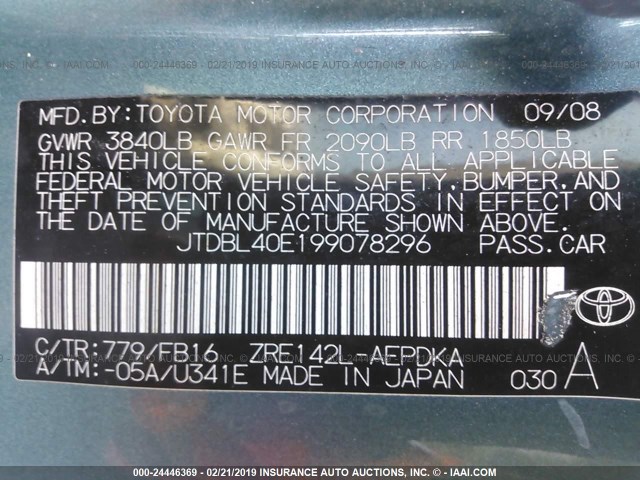 JTDBL40E199078296 - 2009 TOYOTA COROLLA LE/XLE GREEN photo 9