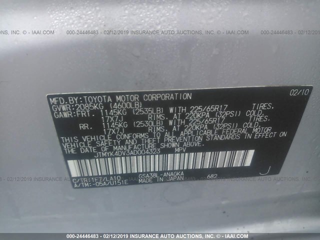 JTMYK4DV3AD004323 - 2010 TOYOTA RAV4 LIMITED SILVER photo 9