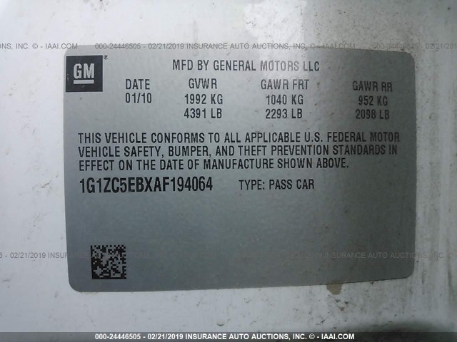 1G1ZC5EBXAF194064 - 2010 CHEVROLET MALIBU 1LT WHITE photo 9