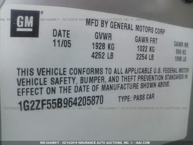 1G2ZF55B964205870 - 2006 PONTIAC G6 SE SILVER photo 9