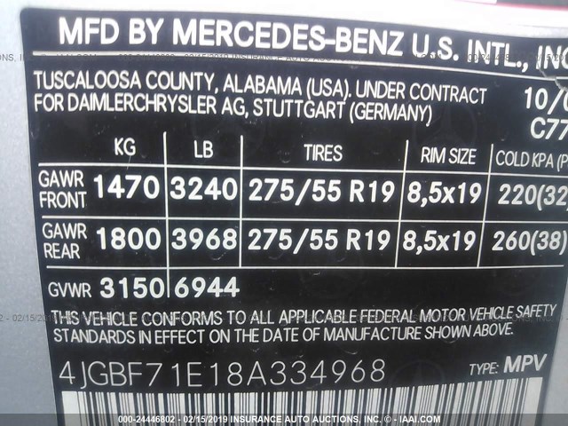 4JGBF71E18A334968 - 2008 MERCEDES-BENZ GL 450 4MATIC SILVER photo 9