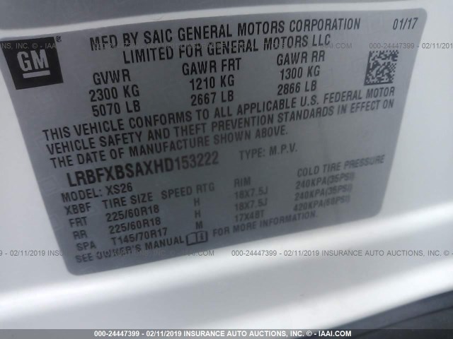 LRBFXBSAXHD153222 - 2017 BUICK ENVISION ESSENCE WHITE photo 9