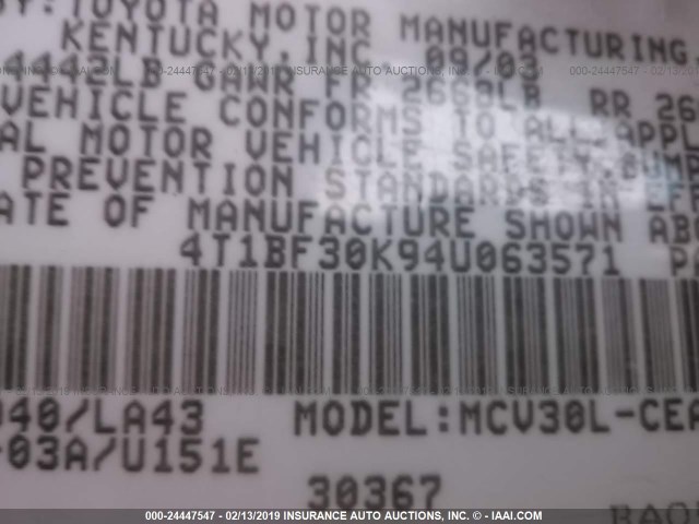 4T1BF30K94U063571 - 2004 TOYOTA CAMRY LE/XLE/SE WHITE photo 9