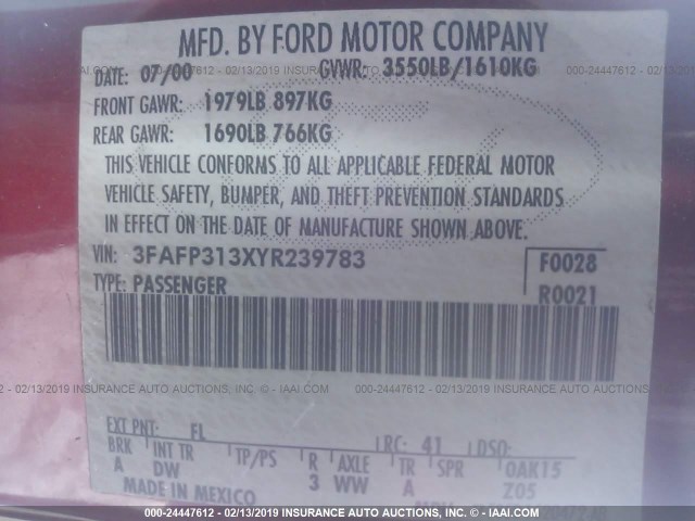 3FAFP313XYR239783 - 2000 FORD FOCUS ZX3 RED photo 9