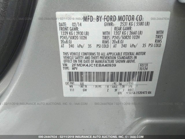 2FMDK4JC1EBA40939 - 2014 FORD EDGE SEL SILVER photo 9