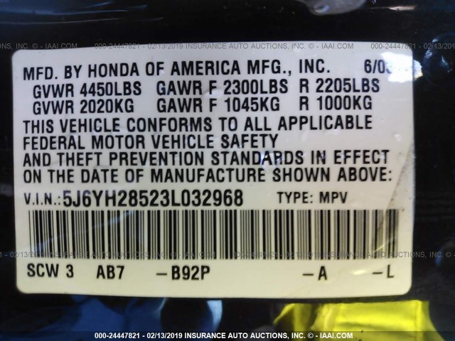 5J6YH28523L032968 - 2003 HONDA ELEMENT EX BLACK photo 9