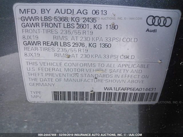 WA1LFAFP5EA014431 - 2014 AUDI Q5 PREMIUM PLUS GRAY photo 9