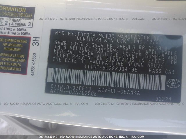 4T4BE46K28R034196 - 2008 TOYOTA CAMRY CE/LE/XLE/SE WHITE photo 9