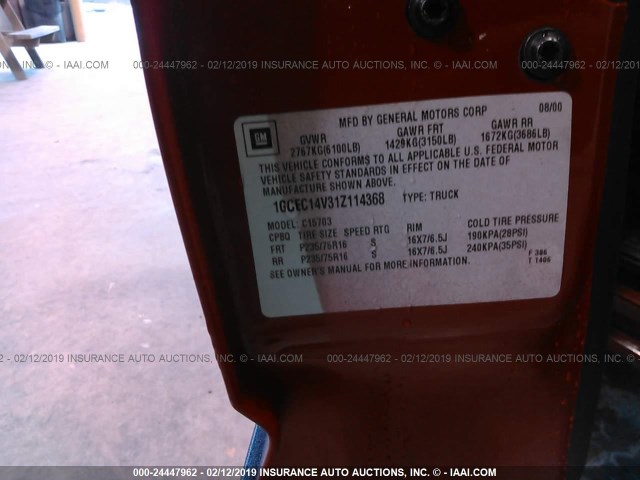 1GCEC14V31Z114368 - 2001 CHEVROLET SILVERADO C1500 RED photo 9