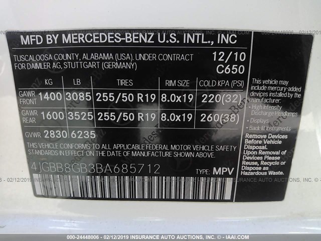 4JGBB8GB3BA685712 - 2011 MERCEDES-BENZ ML 350 4MATIC WHITE photo 9