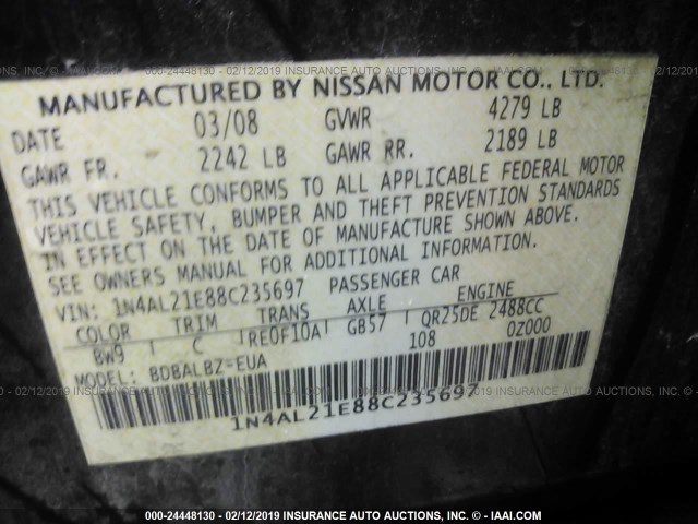 1N4AL21E88C235697 - 2008 NISSAN ALTIMA 2.5/2.5S BLUE photo 9