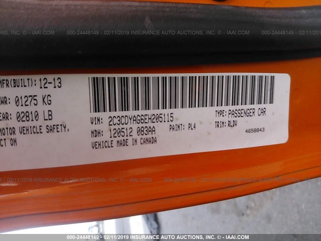 2C3CDYAG6EH205115 - 2014 DODGE CHALLENGER SXT ORANGE photo 9