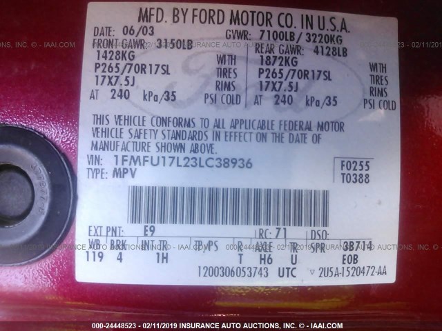 1FMFU17L23LC38936 - 2003 FORD EXPEDITION EDDIE BAUER RED photo 9