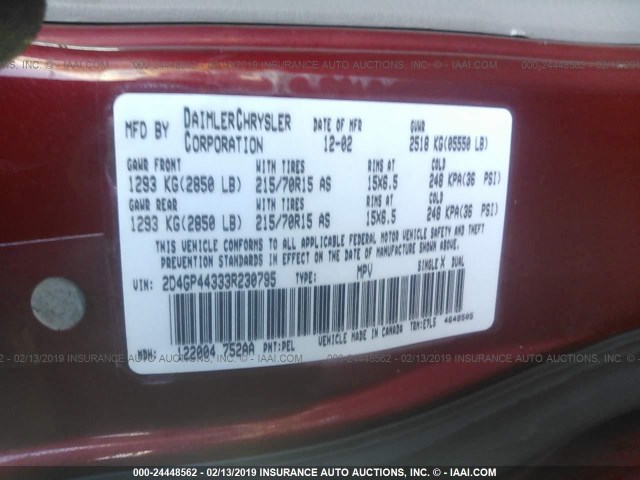 2D4GP44333R230795 - 2003 DODGE GRAND CARAVAN SPORT BURGUNDY photo 9