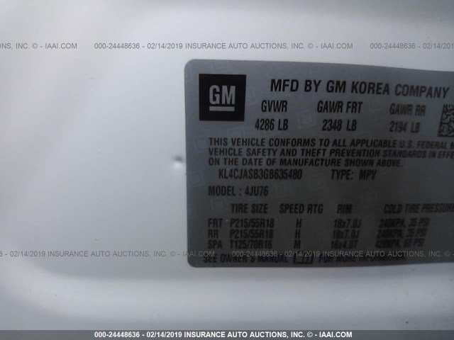 KL4CJASB3GB635480 - 2016 BUICK ENCORE WHITE photo 9