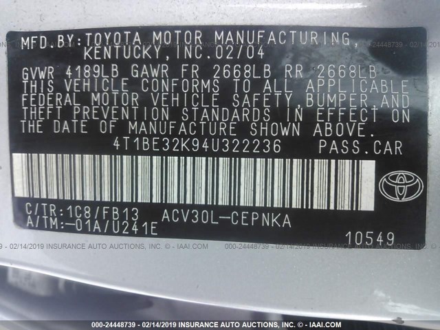 4T1BE32K94U322236 - 2004 TOYOTA CAMRY LE/XLE/SE SILVER photo 9