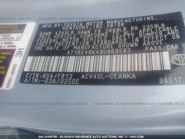 4T1BE46K49U869583 - 2009 TOYOTA CAMRY SE/LE/XLE 浅蓝色 照片 9