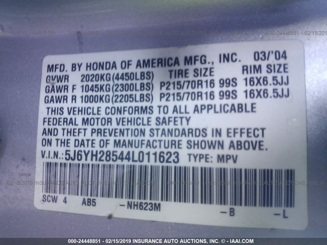 5J6YH28544L011623 - 2004 HONDA ELEMENT EX SILVER photo 9