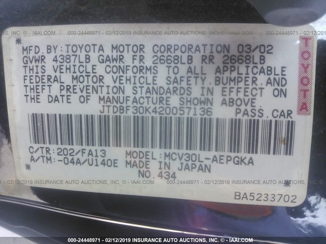 JTDBF30K420057136 - 2002 TOYOTA CAMRY LE/XLE/SE BLACK photo 9