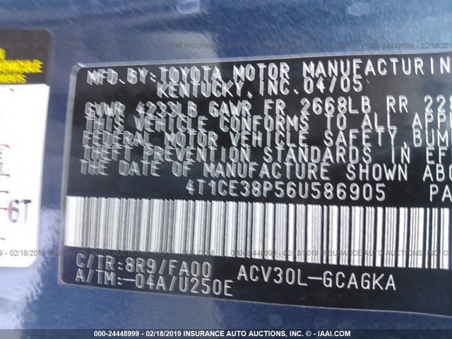 4T1CE38P56U586905 - 2006 TOYOTA CAMRY SOLARA SE/SLE BLUE photo 9