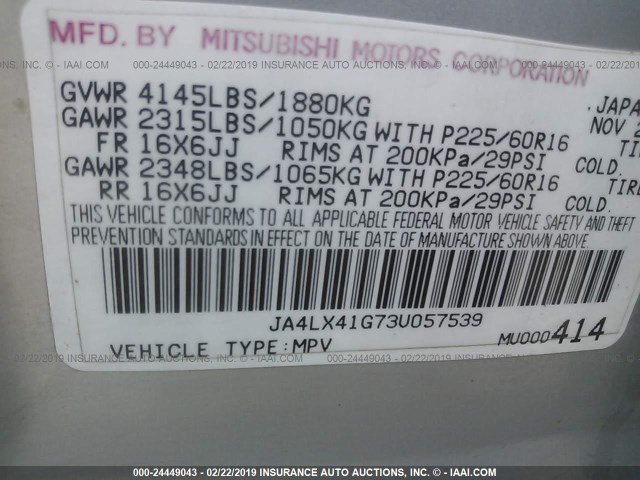 JA4LX41G73U057539 - 2003 MITSUBISHI OUTLANDER XLS SILVER photo 9