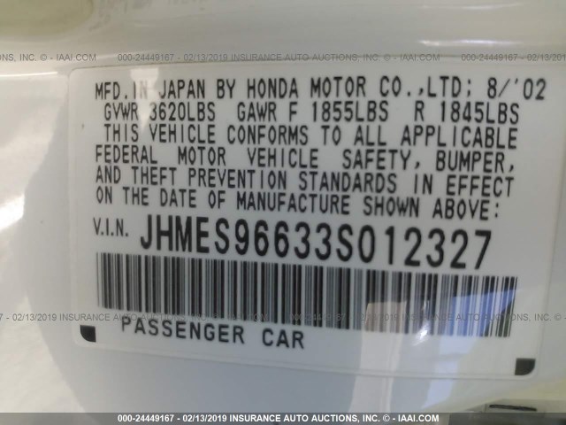 JHMES96633S012327 - 2003 HONDA CIVIC HYBRID WHITE photo 9