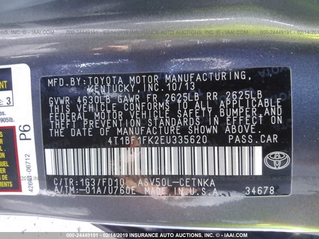 4T1BF1FK2EU335620 - 2014 TOYOTA CAMRY L/SE/LE/XLE Boz foto 9