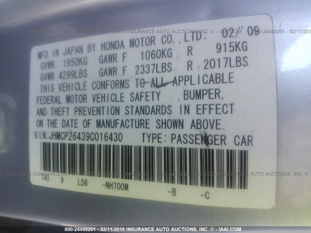 JHMCP26439C016430 - 2009 HONDA ACCORD LXP SILVER photo 9