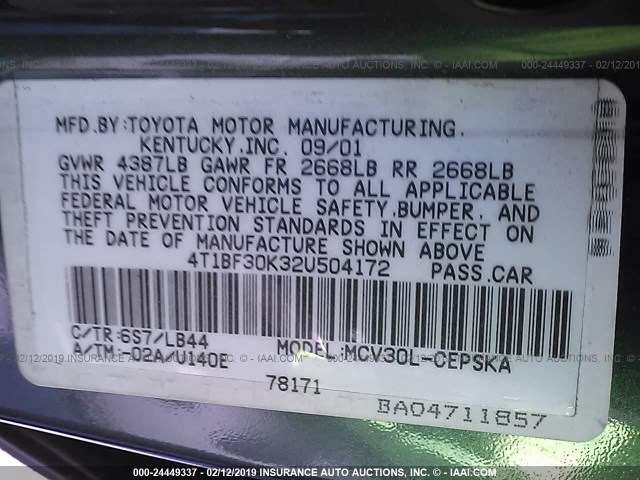 4T1BF30K32U504172 - 2002 TOYOTA CAMRY LE/XLE/SE GREEN photo 9