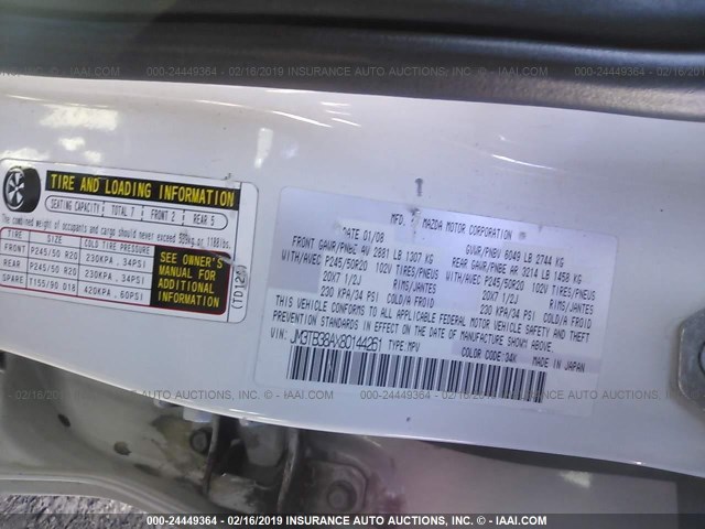 JM3TB38AX80144261 - 2008 MAZDA CX-9 WHITE photo 9