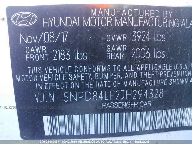 5NPD84LF2JH294328 - 2018 HYUNDAI ELANTRA SEL/VALUE/LIMITED WHITE photo 9