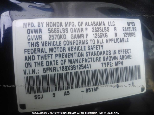 5FNRL189X3B125441 - 2003 HONDA ODYSSEY EXL BLUE photo 9