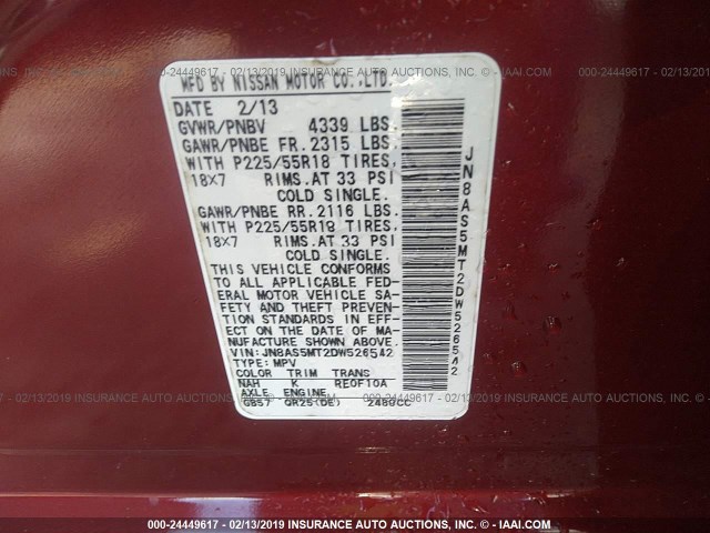 JN8AS5MT2DW526542 - 2013 NISSAN ROGUE S/SV RED photo 9
