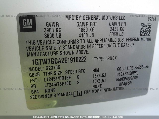 1GTW7GCA2E1910222 - 2014 GMC SAVANA G2500 WHITE photo 9