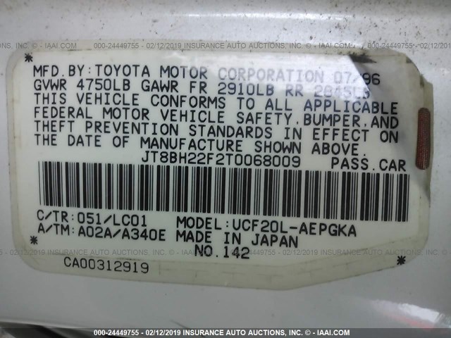 JT8BH22F2T0068009 - 1996 LEXUS LS 400 WHITE photo 9