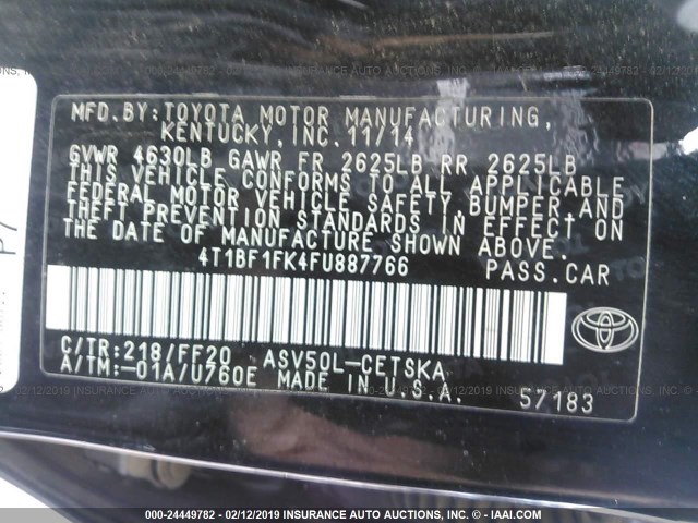 4T1BF1FK4FU887766 - 2015 TOYOTA CAMRY LE/XLE/SE/XSE BLACK photo 9