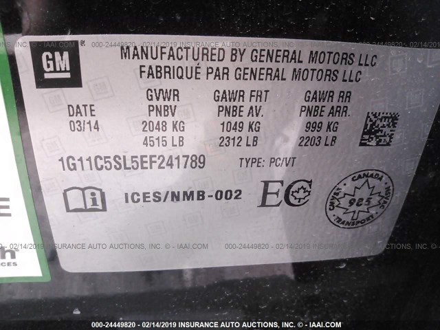 1G11C5SL5EF241789 - 2014 CHEVROLET MALIBU 1LT BLACK photo 9