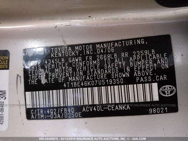 4T1BE46K07U519350 - 2007 TOYOTA CAMRY NEW GENERAT CE/LE/XLE/SE GOLD photo 9