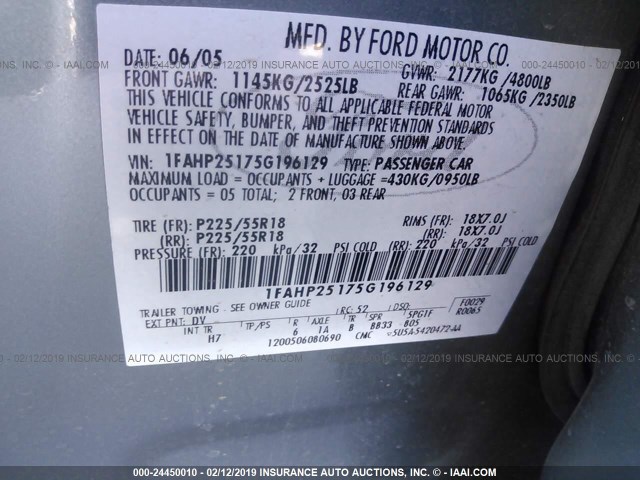 1FAHP25175G196129 - 2005 FORD FIVE HUNDRED LIMITED GREEN photo 9