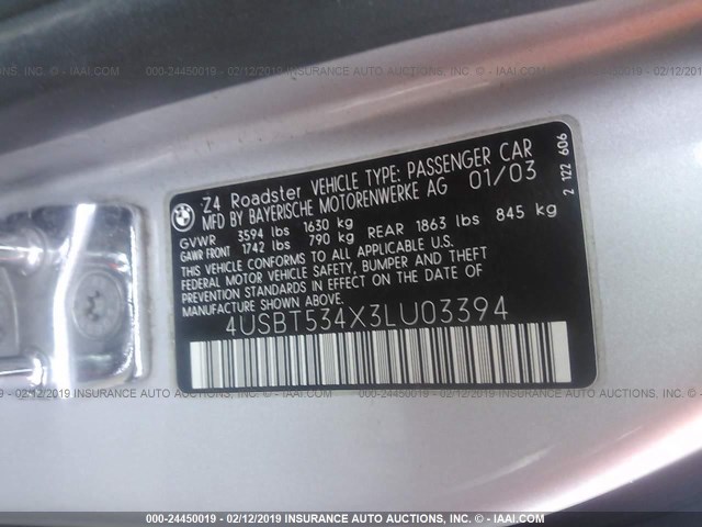 4USBT534X3LU03394 - 2003 BMW Z4 3.0 SILVER photo 9