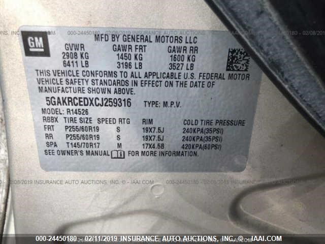 5GAKRCEDXCJ259316 - 2012 BUICK ENCLAVE GOLD photo 9