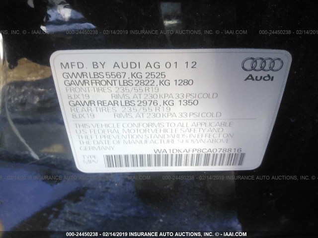 WA1DKAFP8CA078816 - 2012 AUDI Q5 PREMIUM PLUS GRAY photo 9