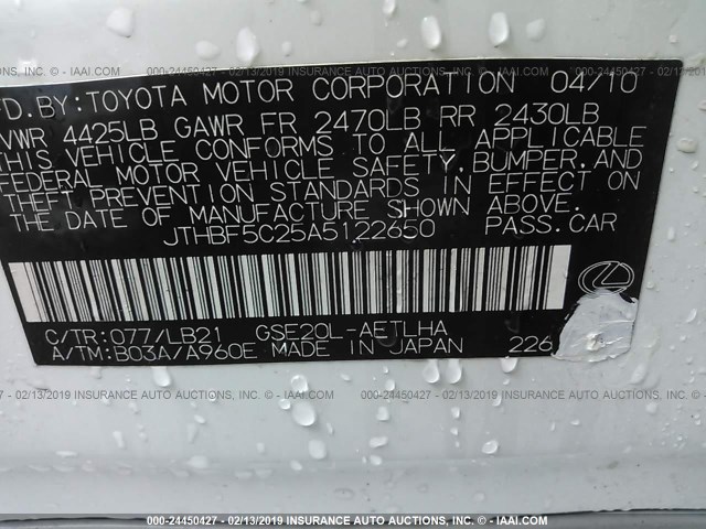 JTHBF5C25A5122650 - 2010 LEXUS IS 250 WHITE photo 9