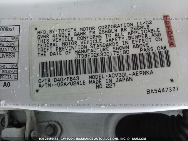 JTDBE32K330175180 - 2003 TOYOTA CAMRY LE/XLE 白色 照片 9