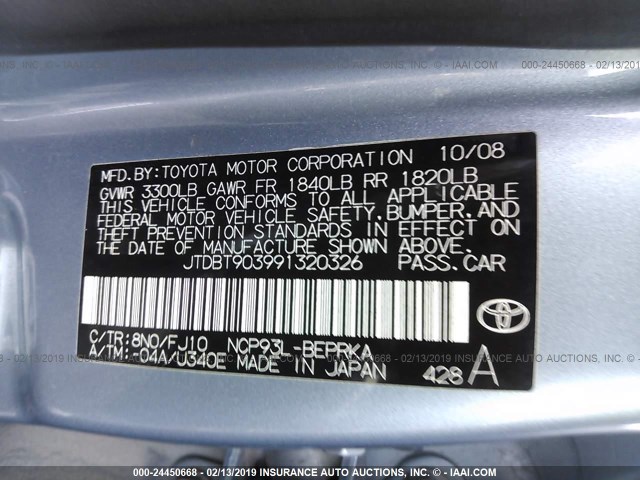 JTDBT903991320326 - 2009 TOYOTA YARIS Light Blue photo 9