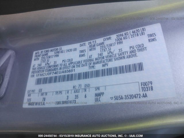 1FMCU0F74EUA93851 - 2014 FORD ESCAPE S SILVER photo 9