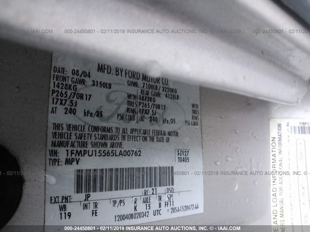 1FMPU15565LA00762 - 2005 FORD EXPEDITION XLT SILVER photo 9