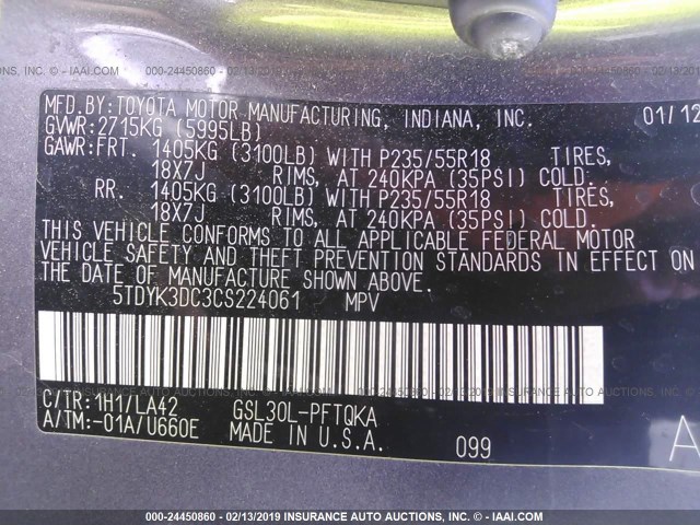 5TDYK3DC3CS224061 - 2012 TOYOTA SIENNA XLE/LIMITED GRAY photo 9